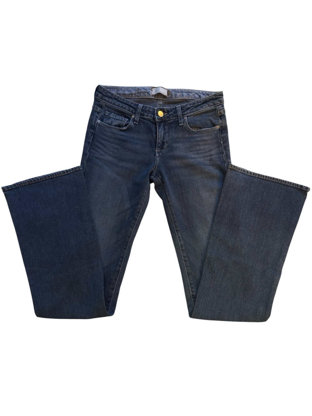 PAIGE Denim Navy Blue Flare Jeans with Subtle Distress